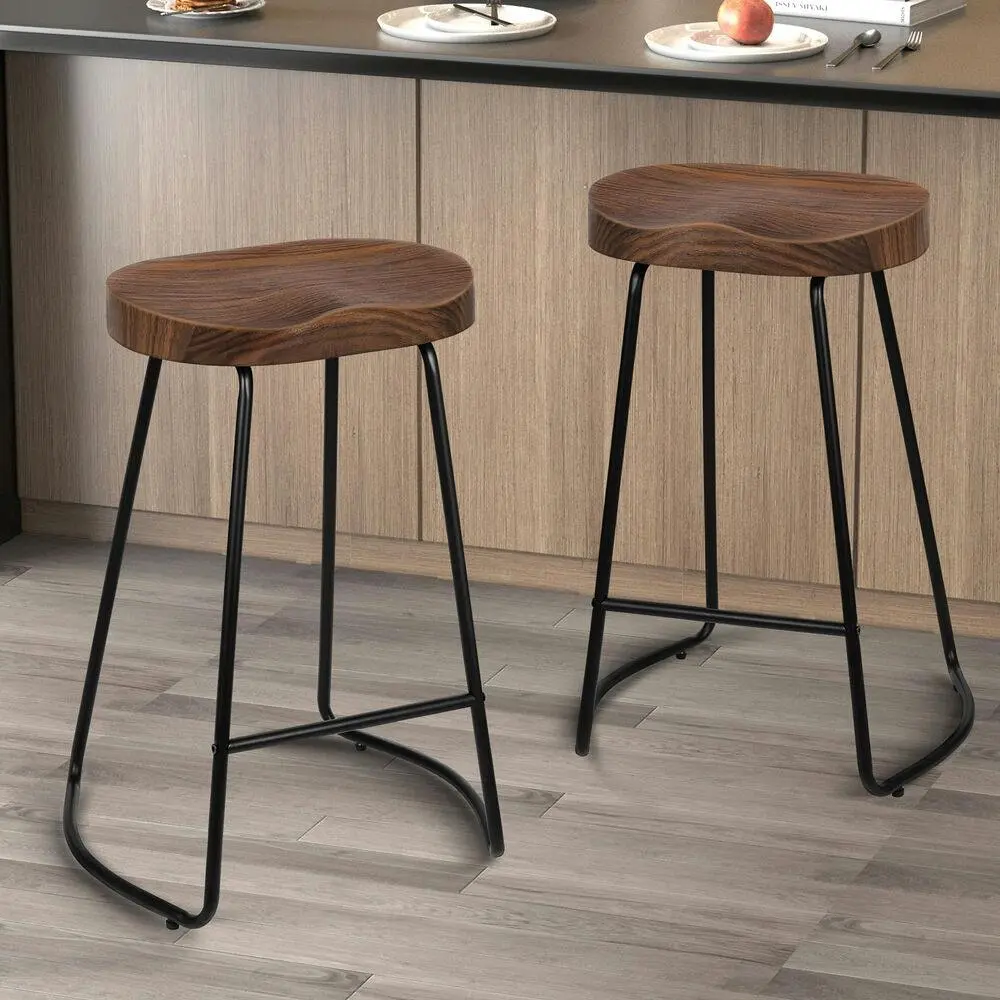 Alfordson 2x Bar Stools 65cm Tractor Kitchen Wooden Vintage Chair Dark Wood - Furniture