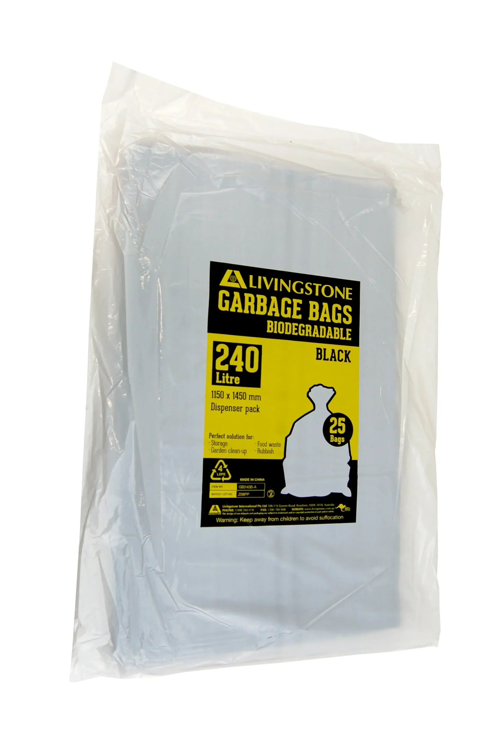 Livingstone Garbage Bag Bin Liner HDPE Star Seal Black 240L 115 x 145cm 20um 200 Carton - Commercial