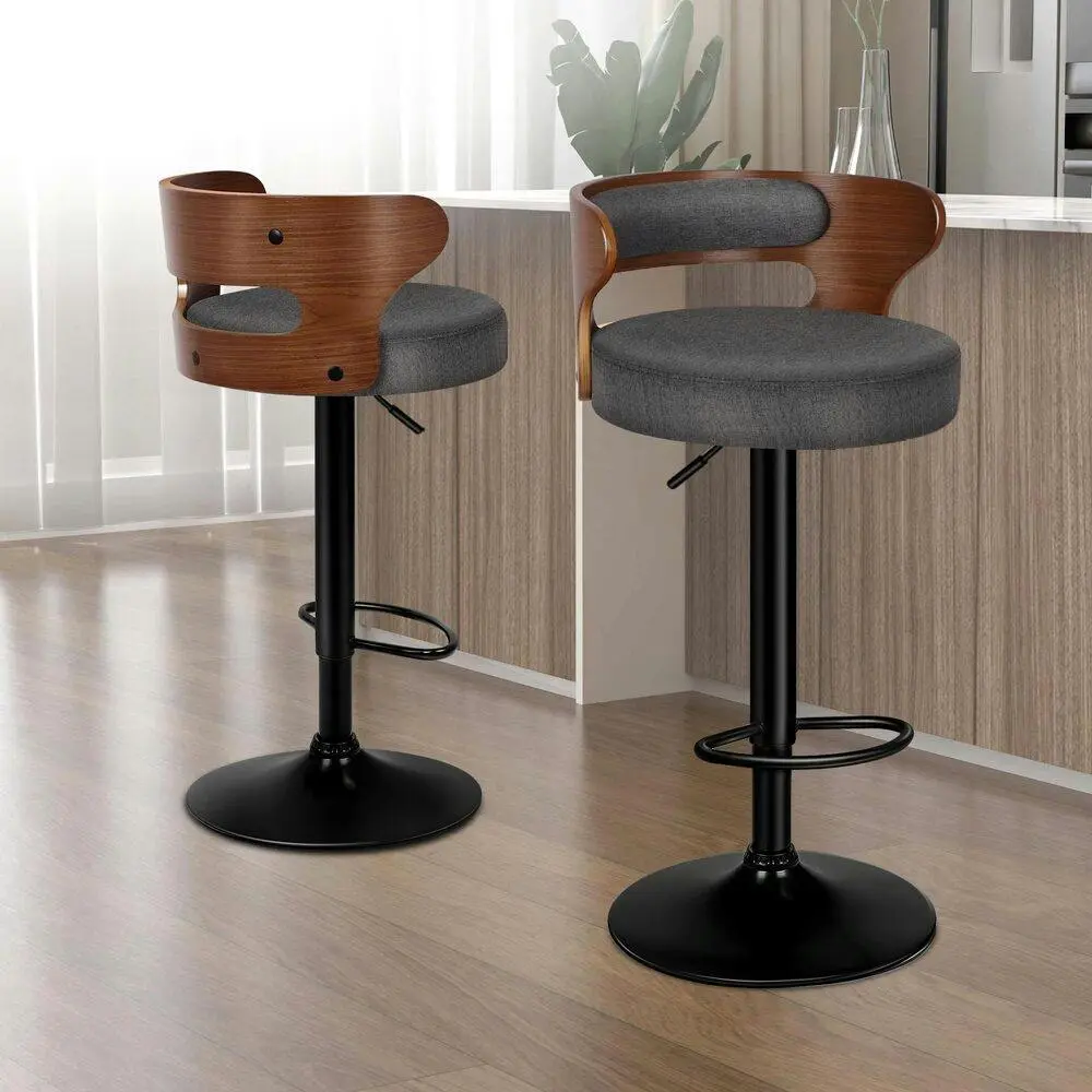 Alfordson 2x Bar Stool Kitchen Swivel Chair Wooden Linen Fabric Reno Grey - Furniture