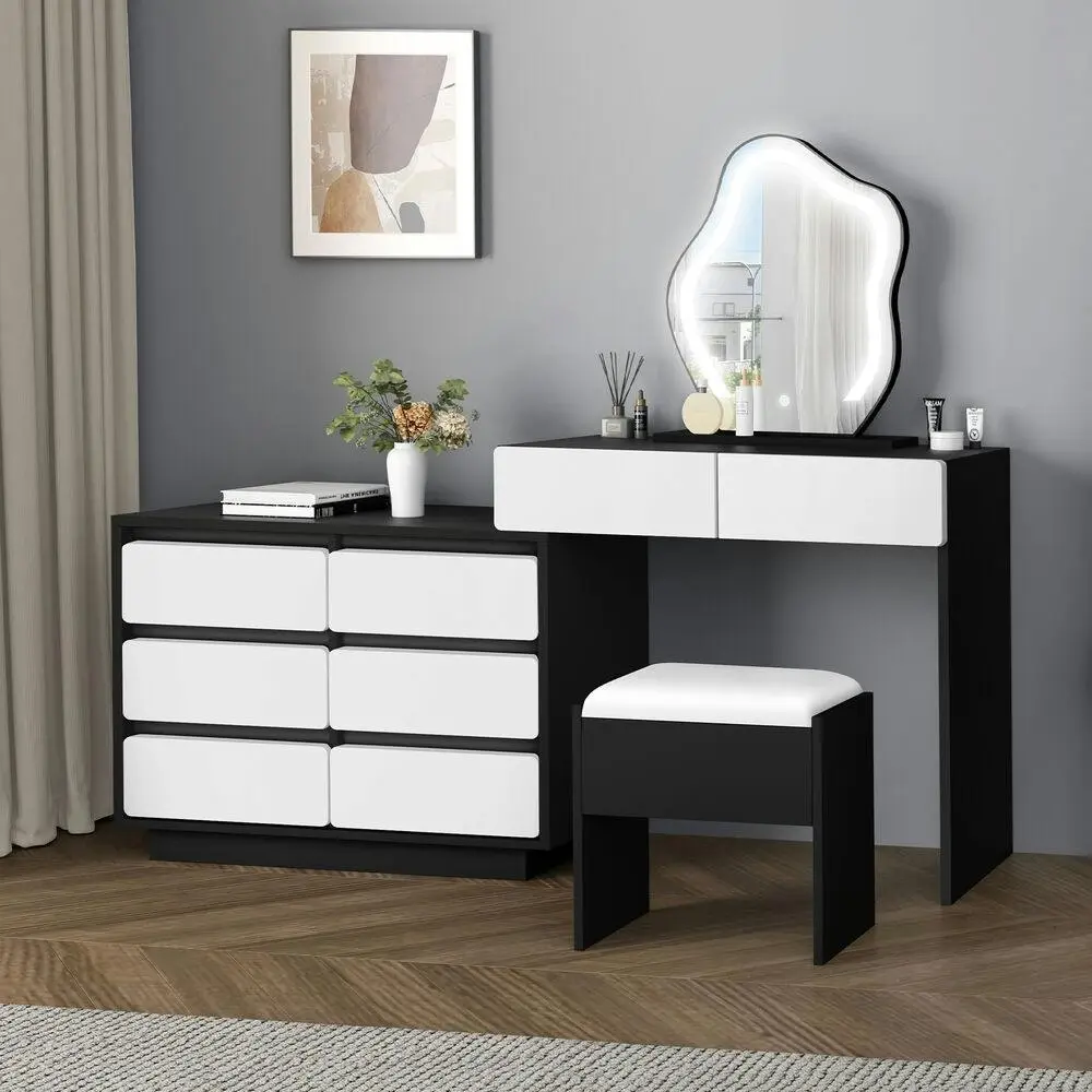 Alfordson Dressing Table Stool Set Makeup Mirror LED 8 Drawers Black White - Furniture