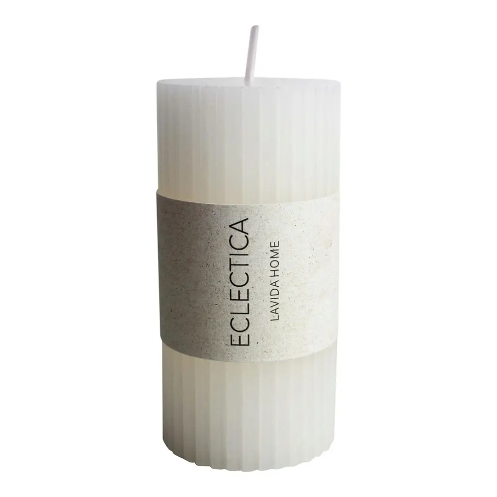 Ribbed Scented Elegant 10cm Pillar Wax Candle Home Room Fragrance Decor White - Home & Garden