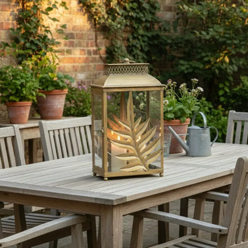Willow & Silk Golden 44.5cm Tribal Iron/Glass Lustre Leaf Lantern - Home & Garden