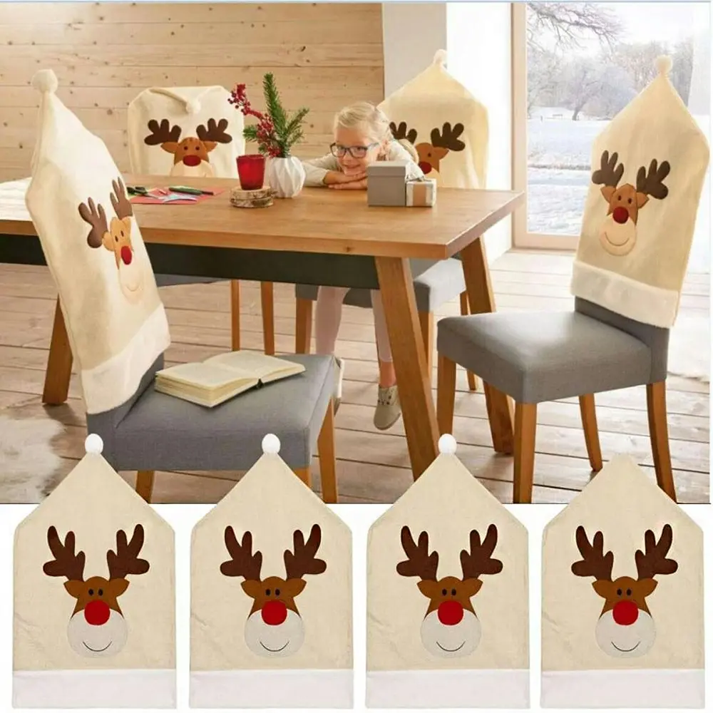 4pcs Christmas Hat Chair Cover Xmas Elk Dining Chair Covers Christmas Home Decor - Home & Garden