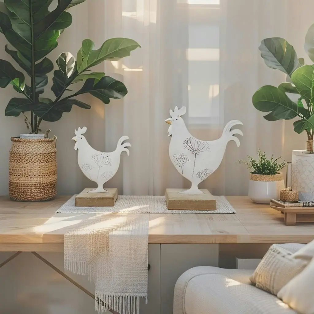 Willow & Silk Set of 2 White 19cm/14.5cm Dad & Son Roosters Ornament - Home & Garden