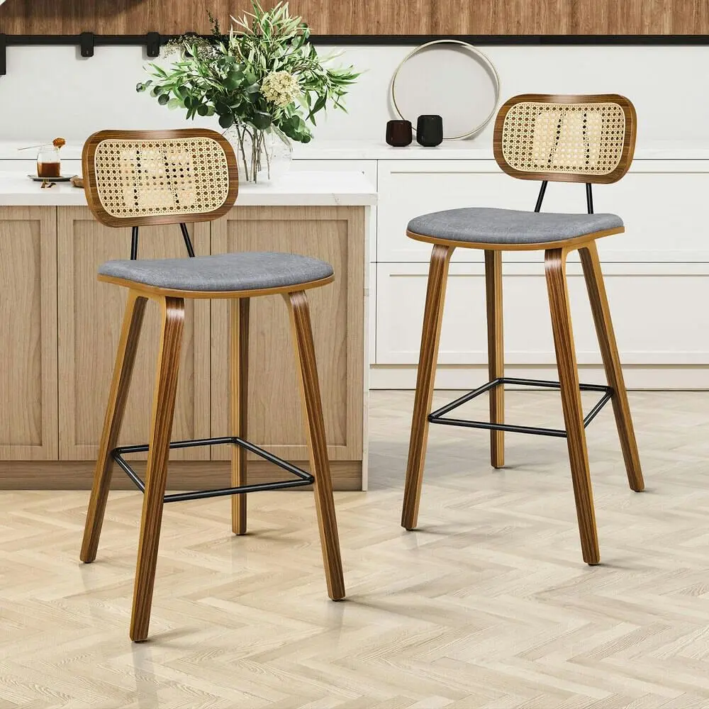 Alfordson 2x Bar Stools Kitchen Vintage Fabric Seat Rattan Chair Wooden Grey - Furniture