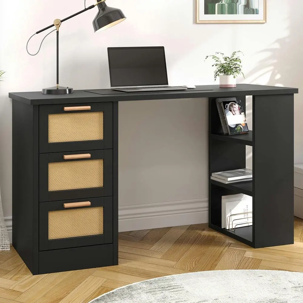 Alfordson Computer Desk Rattan Study Table Black - Furniture