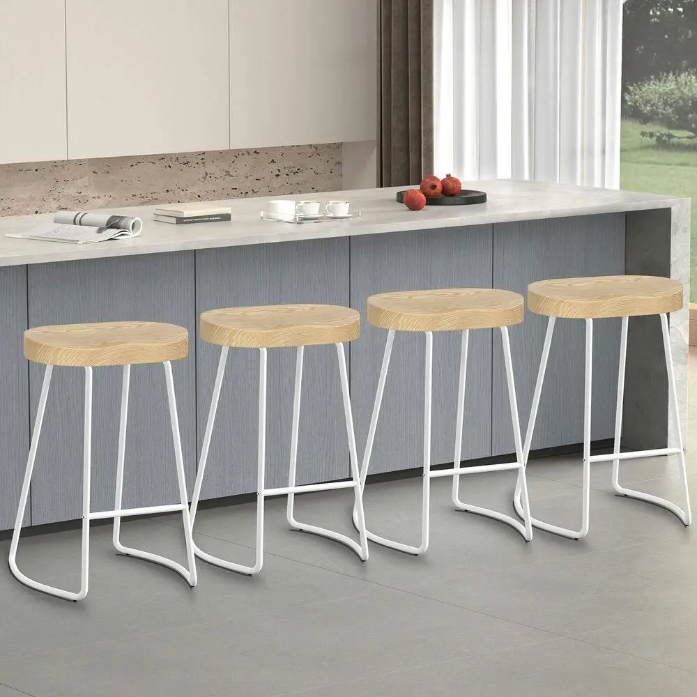 Alfordson 4x Bar Stools 65cm Tractor Kitchen Wooden Vintage Chair White - Furniture