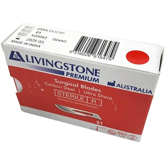 Livingstone Premium Surgical Scalpel Blade, Carbon Steel, Size 21, Sterile, 100/Box - Commercial
