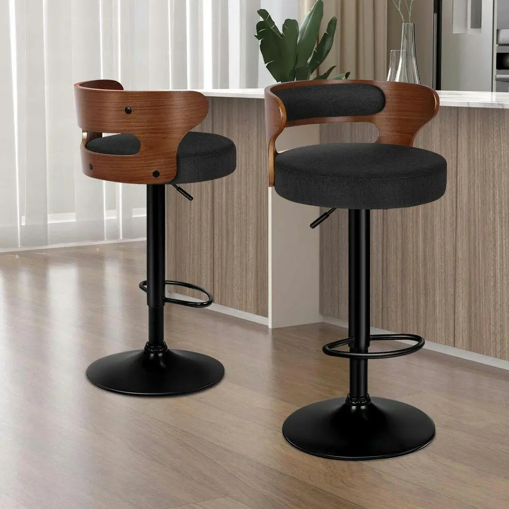 Alfordson 2x Bar Stool Kitchen Swivel Chair Wooden Linen Fabric Reno Black - Furniture