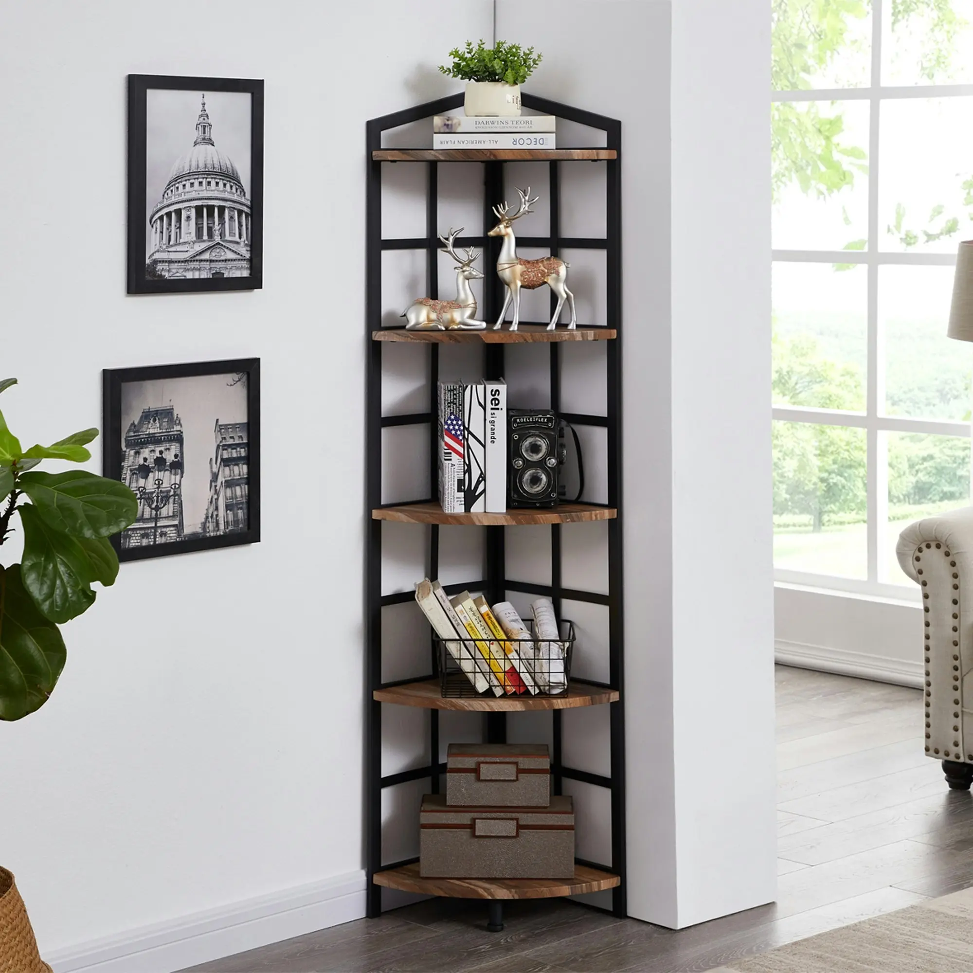 IHOMDEC 5 Tier Industrial Corner Bookshelf with Metal Frame Brown - Furniture