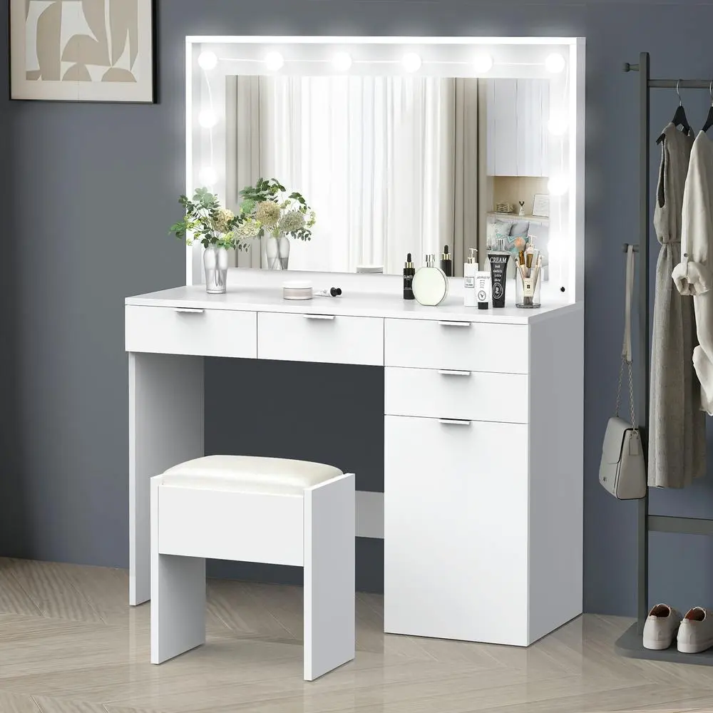 Alfordson Dressing Table Stool Set LED Bulbs White - Furniture