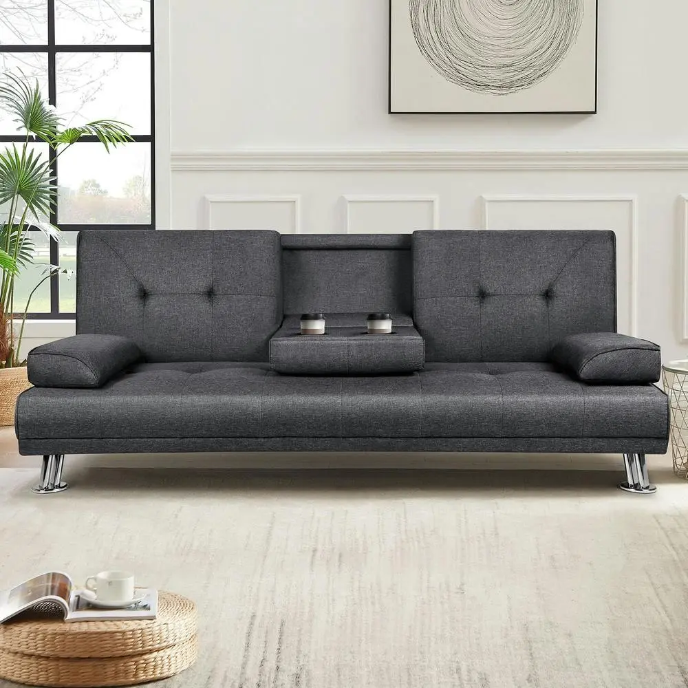 Alfordson Sofa Bed 3 Seater Lounge Futon Couch Cup Holder Fabric Grey - Furniture