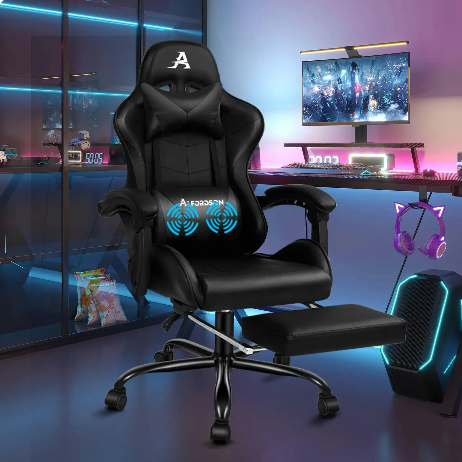 Alfordson Gaming Chair with Lumbar Massage Office Chair Black - Furniture