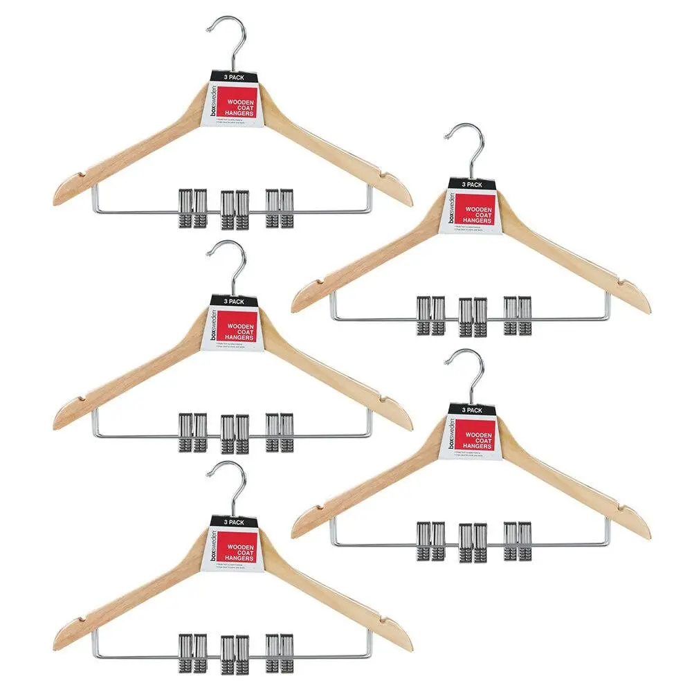 15pc Boxsweden 44.5cm Clothes Wooden Trousers/Jeans Hangers Wardrobe w/ Clips - Home & Garden