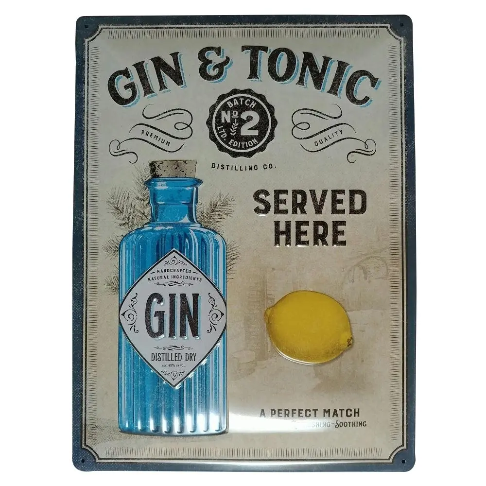 Nostalgic Art Gin & Tonic Served Here 30x40cm Large Metal Sign Bar Wall Decor - Home & Garden