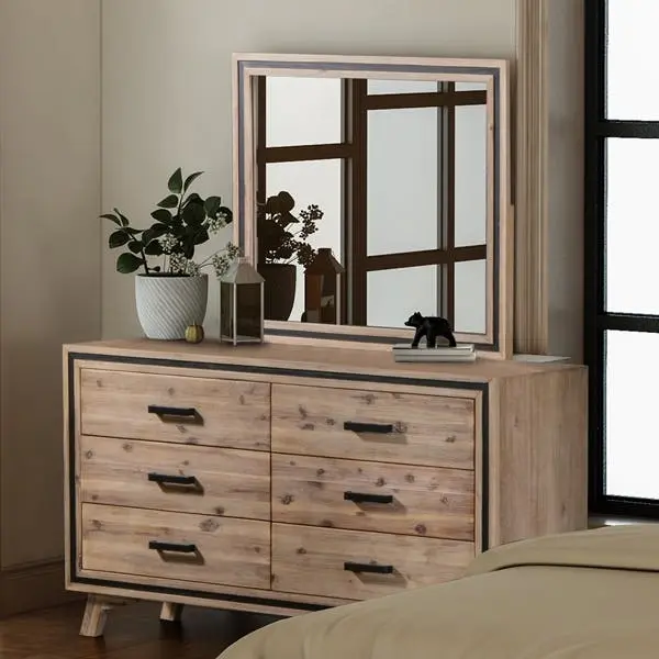 Dresser with 6 Storage Drawers in Solid Acacia With Mirror in Silver Brush Colour - Furniture