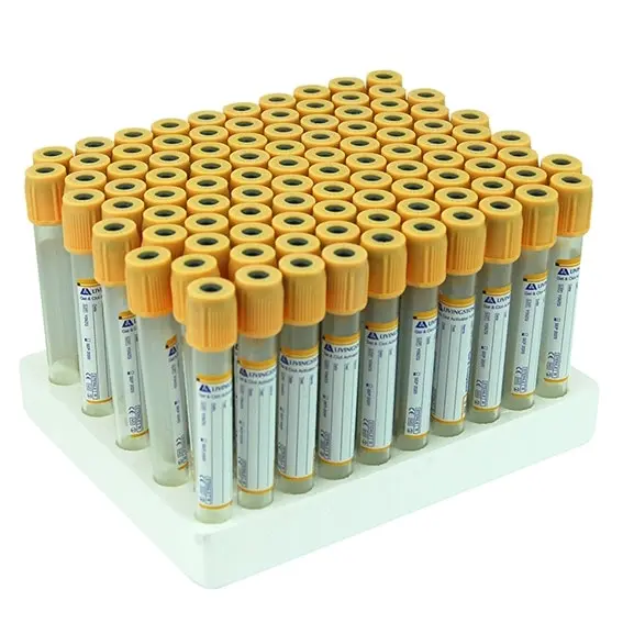 Livingstone Blood Collection SST Plastic Tube Clot Activator Gel Separator & Coagulant 5mL 13 x 100mm Gold Non Spill Cap 100 Pack - Commercial