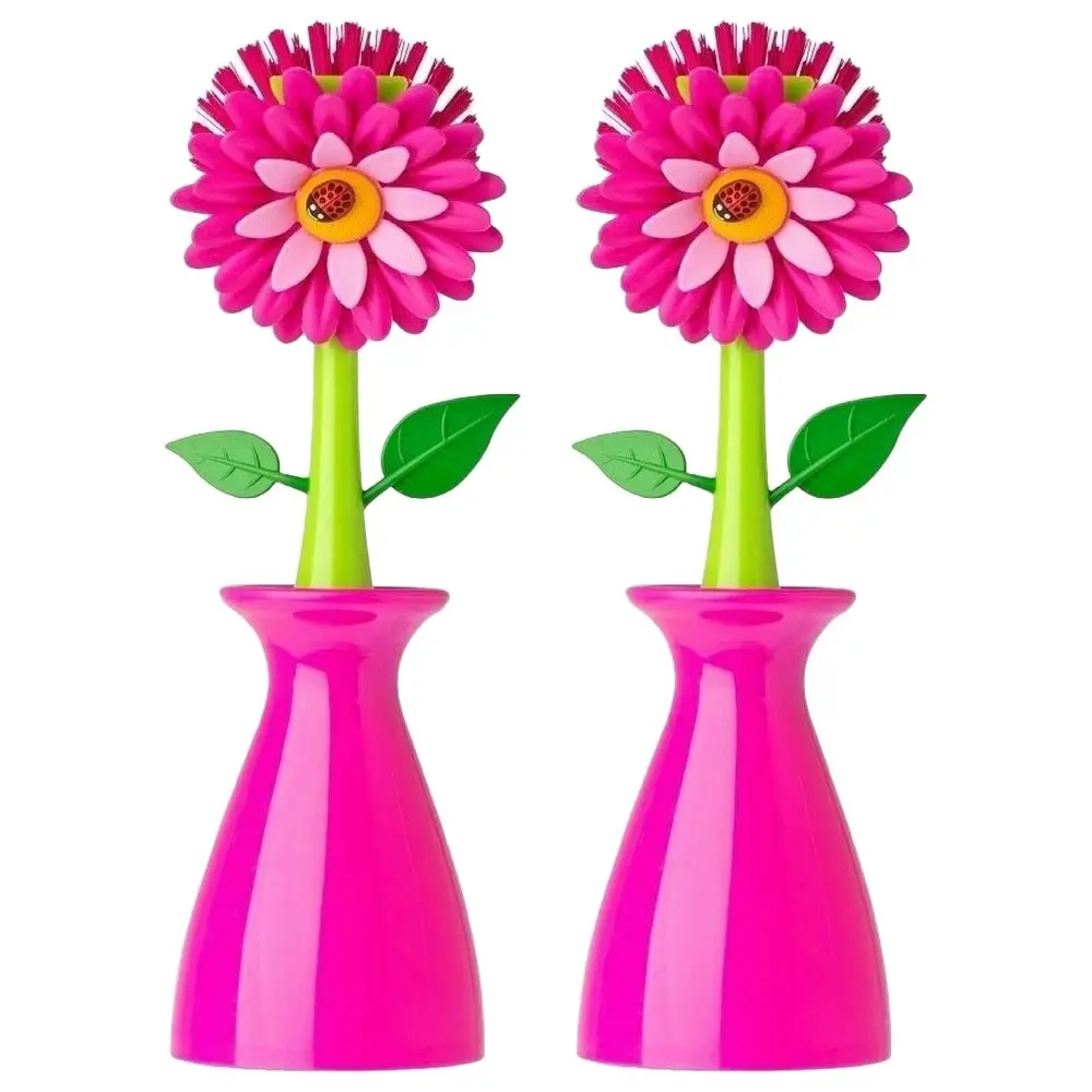 2x Vigar Flower Power Dish Brush Kitchen Plate/Bowl Cleaner Scrubber w/Vase Pink - Home & Garden