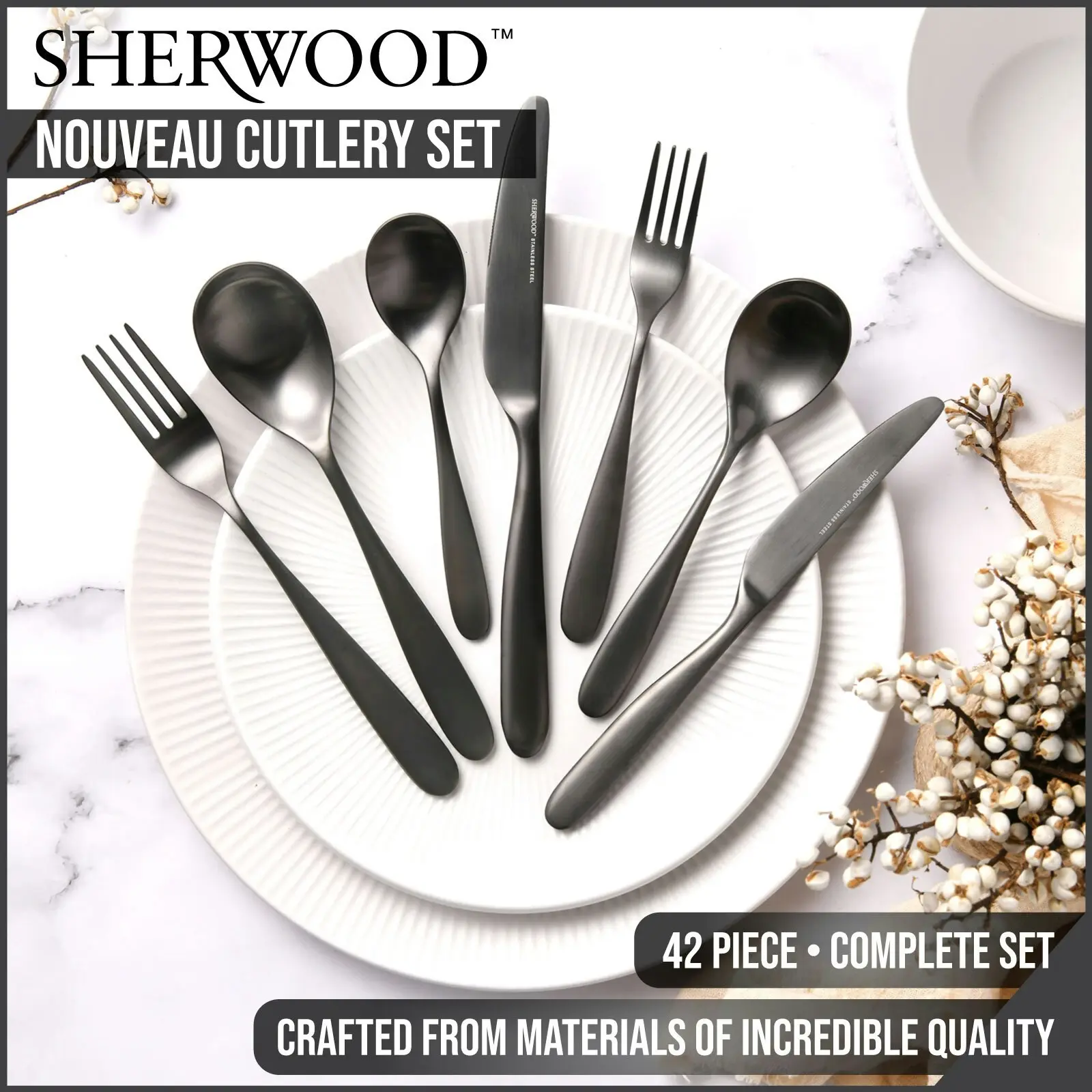 Sherwood Nouveau 42 Piece Cutlery Set Matte Black - Home & Garden