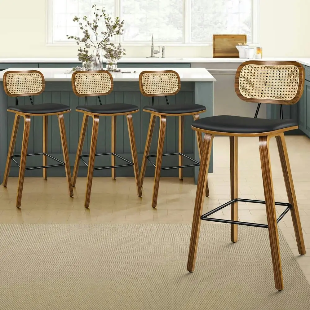 Alfordson 4x Bar Stools Kitchen Vintage Leather Seat Rattan Chair Wooden Black - Furniture