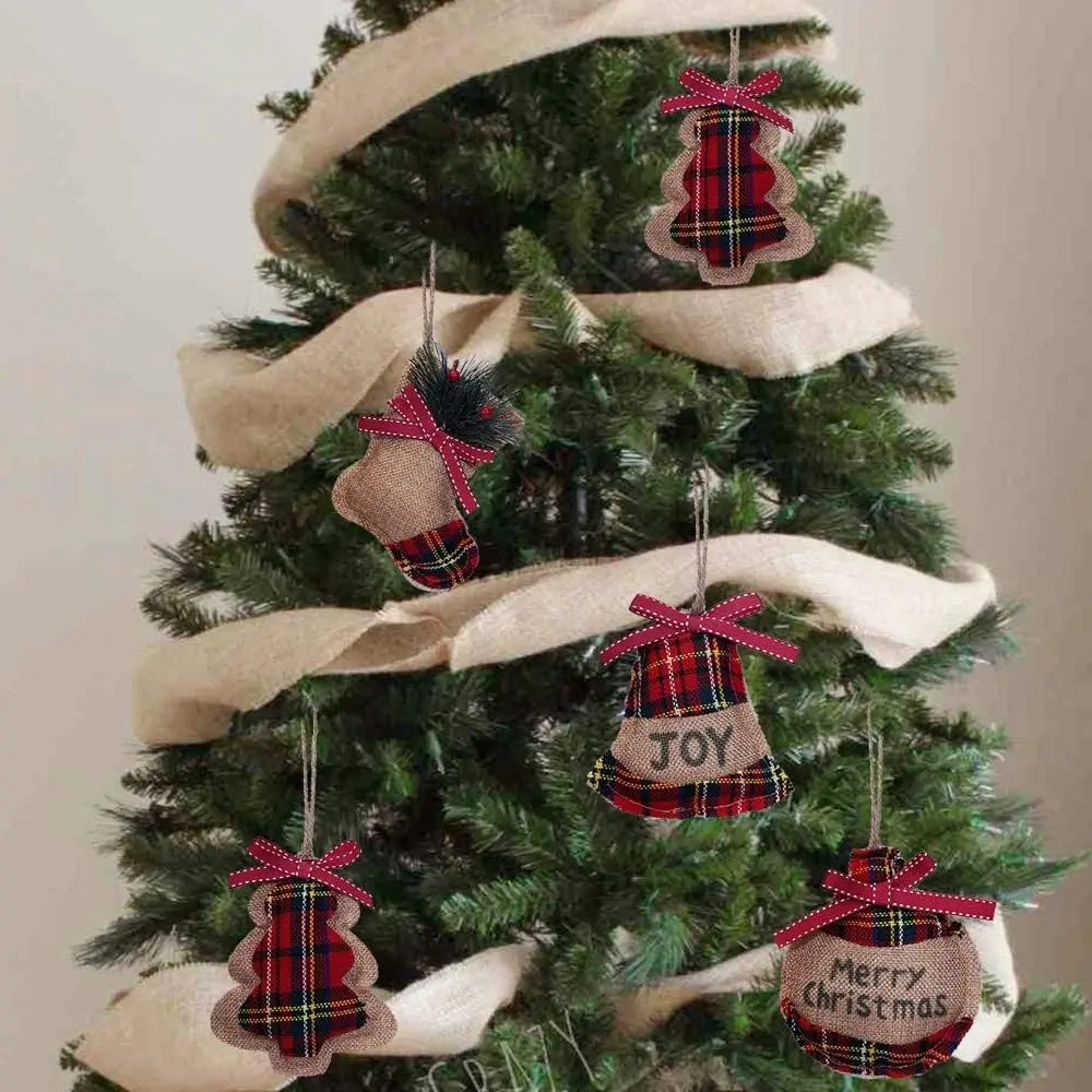 8Pcs Christmas Tree Ornaments Rustic Burlap Stocking Ball Bell Hanging Decor - Home & Garden