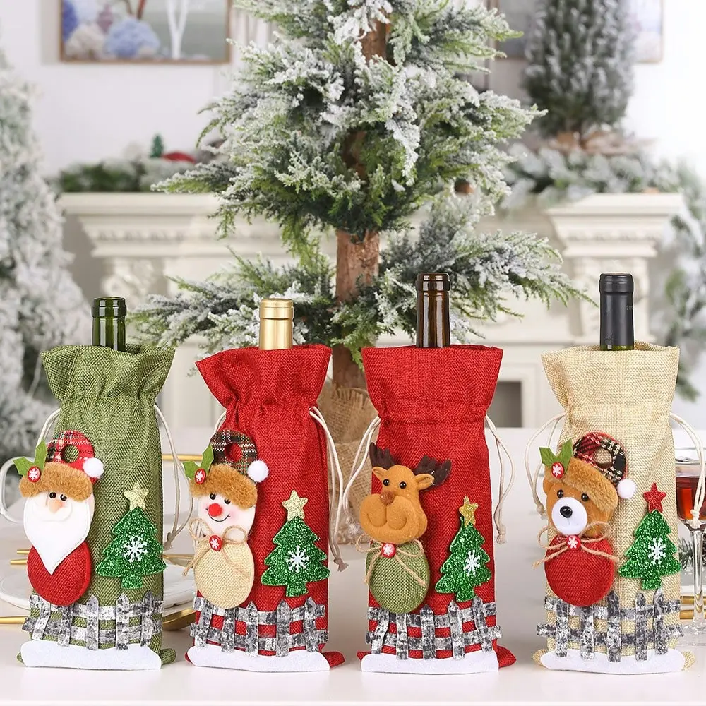 4 Pack Christmas Decoration Cartoon Drawstring Wine Bottle Plaid Doll Bottle Bag - Home & Garden