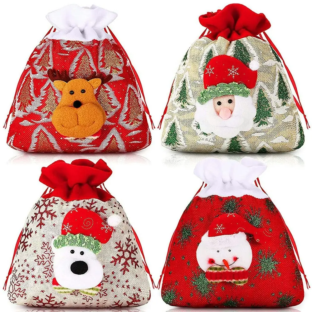 4 Pack Christmas Bag 3D Design Fabric Drawstring Bag for Xmas Party Supplies - Home & Garden