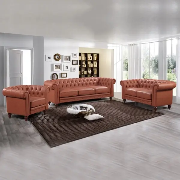 3+2+1 Seater Brown Sofa Lounge Chesterfireld Style Button Tufted in Faux Leather - Furniture