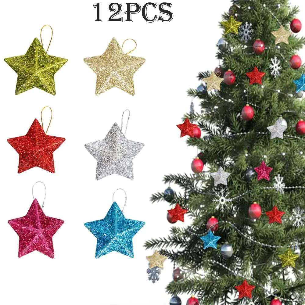 12Pcs Glitter Star Ornaments Christmas Tree Star Decor Xmas Hanging Decorations - Home & Garden