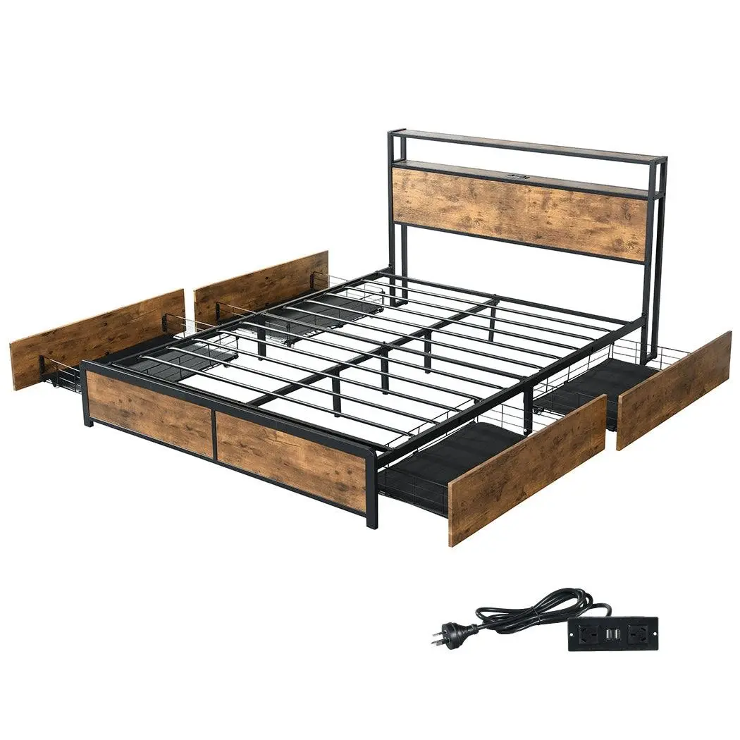 Levede Double Bed Frame Industrial RGB LED Drawers Storage Headboard USB Charge - Furniture
