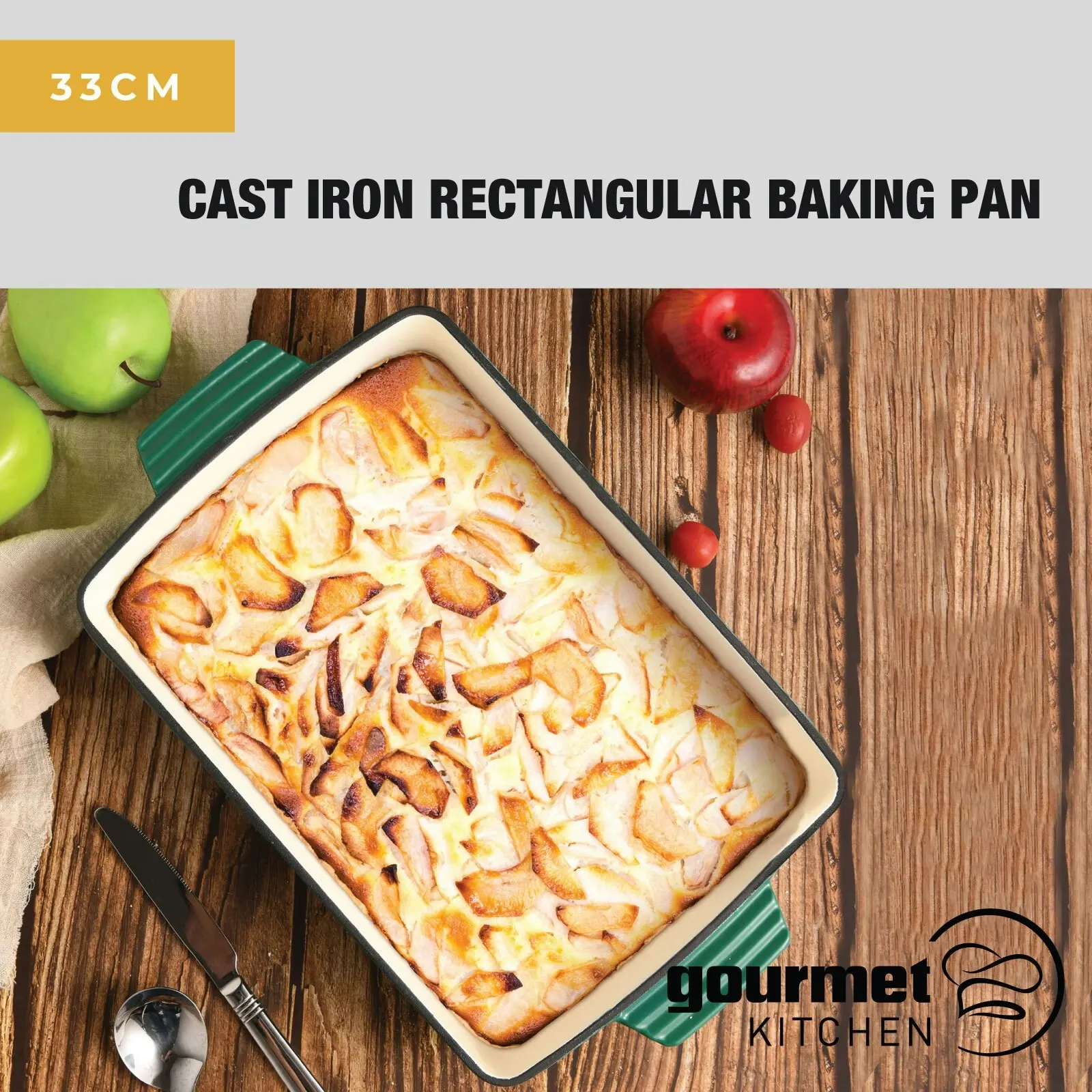 Gourmet Kitchen Cast Iron Rectangular Baking Pan 33cm Eden Green - Home & Garden