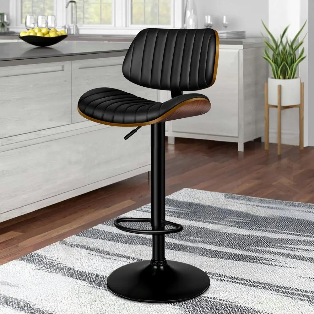 Alfordson 1x Bar Stool Kitchen Swivel Chair Wooden Leather Gas Lift Black - Furniture