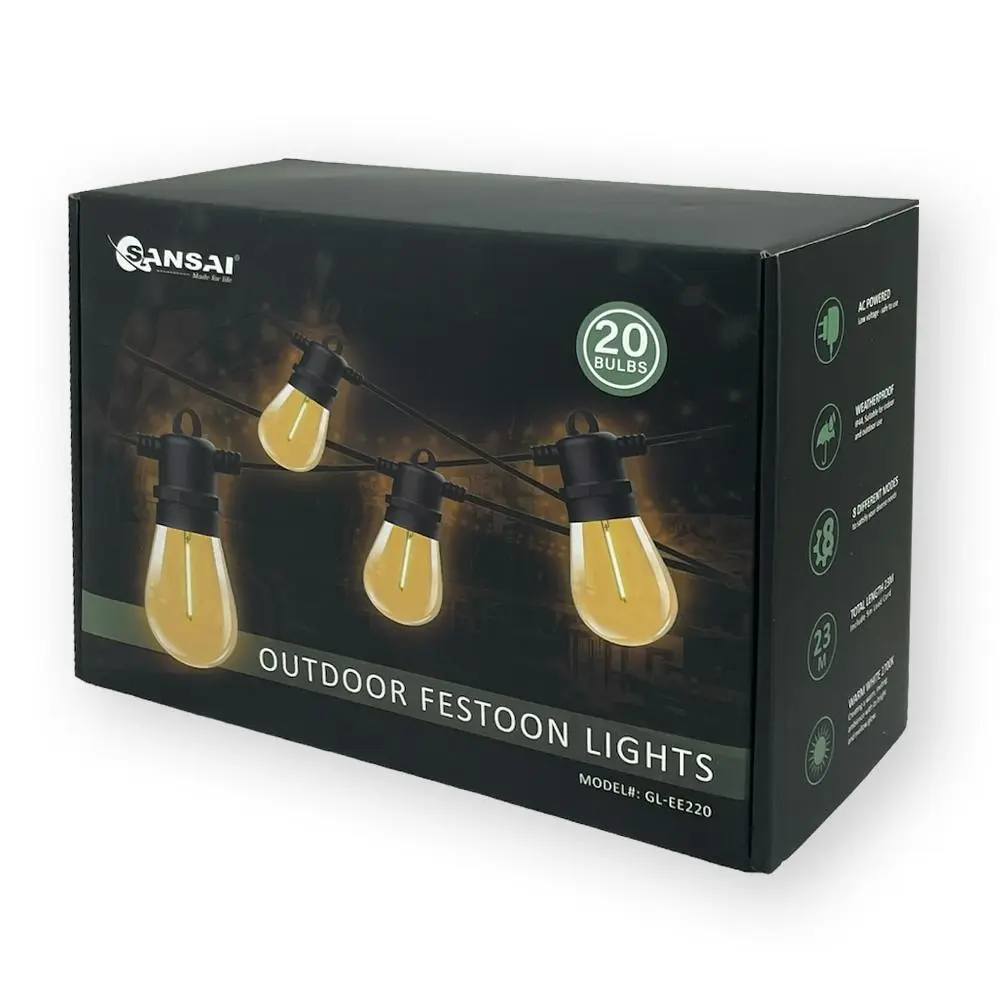 Sansai 20 Bulb LED 9W Festoon Warm White Outdoor Décor Festive String Lights 23m - Home & Garden