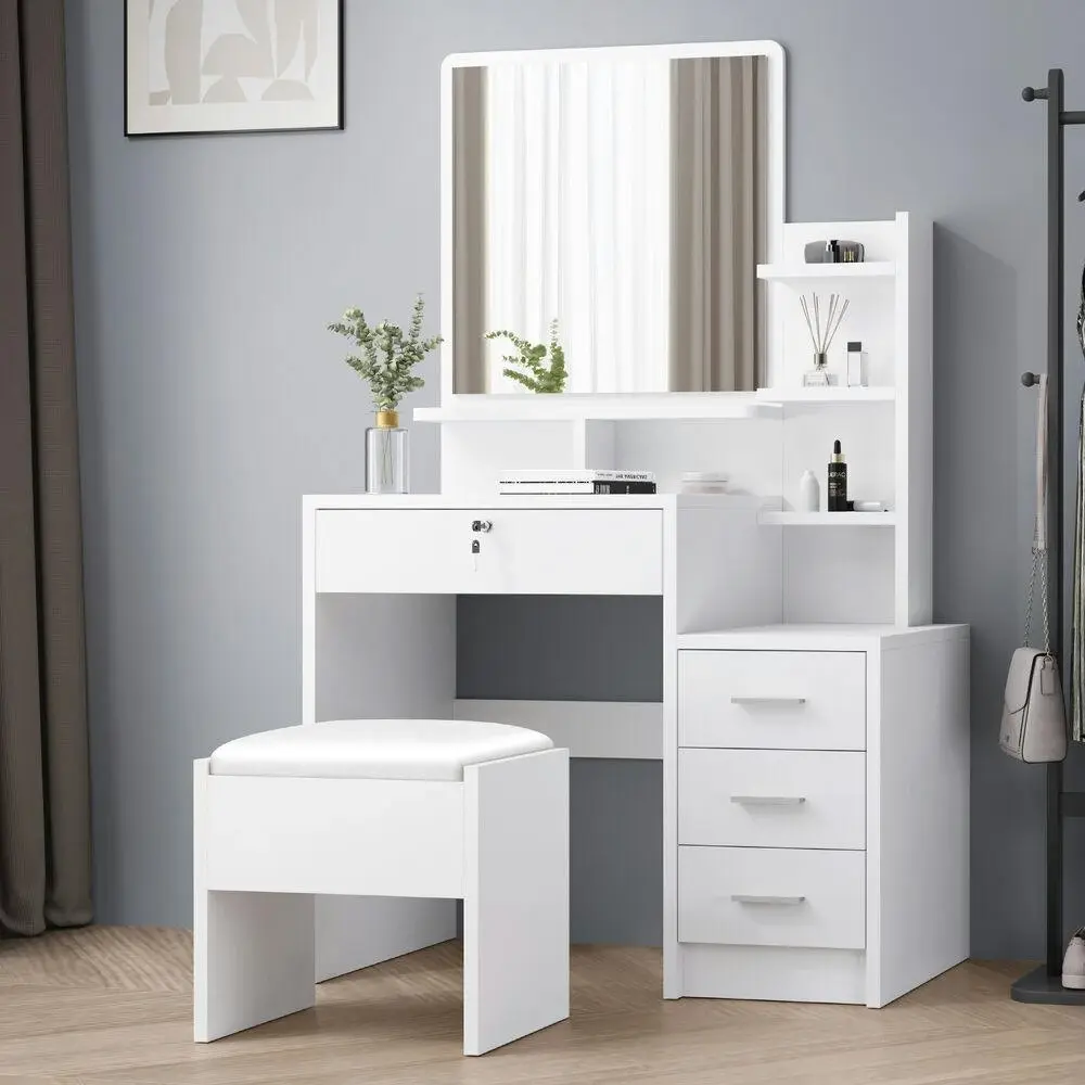 Alfordson Dressing Table Stool Set Drawer Shelf White - Furniture