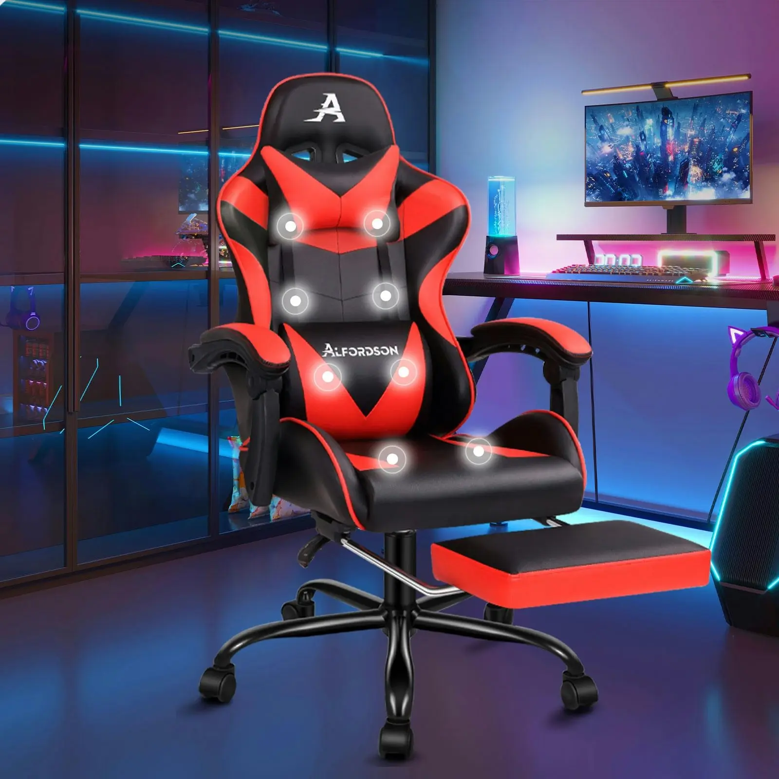 Alfordson Gaming Chair Office Massage Computer Racing Seat PU Leather Red - Furniture