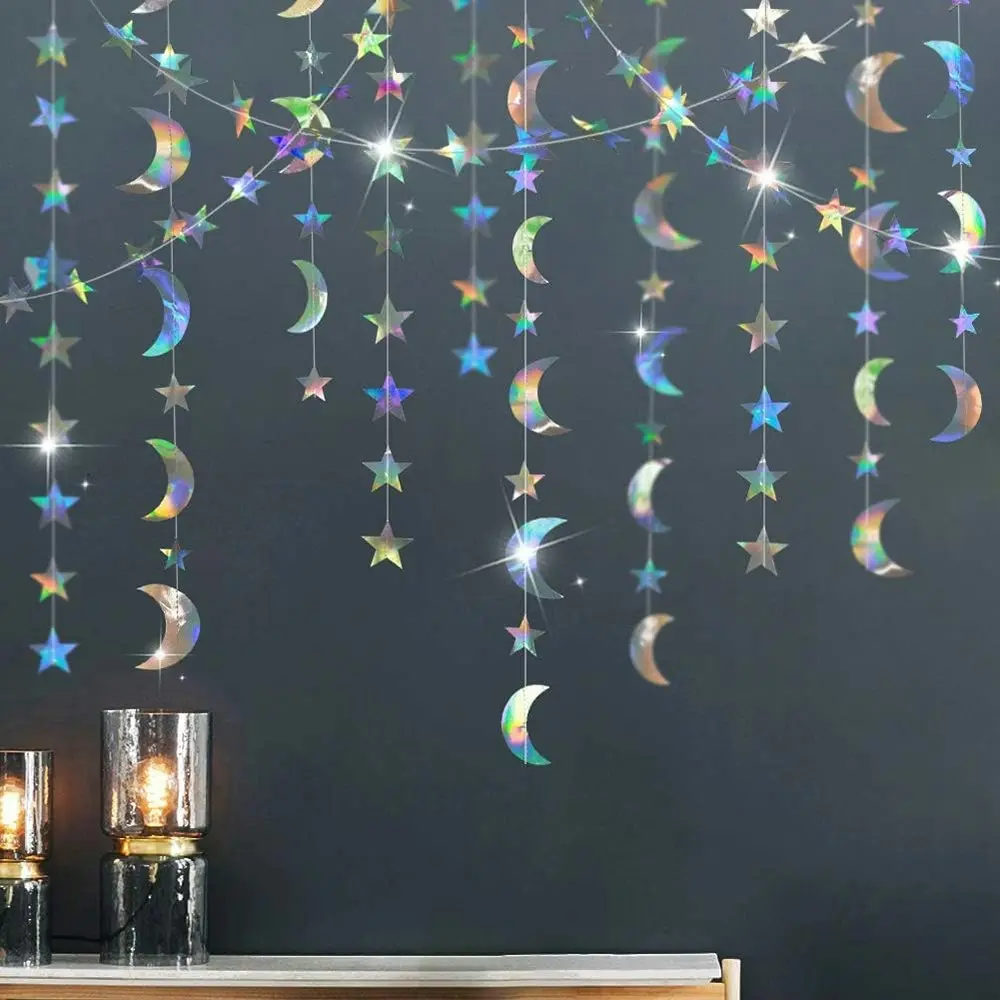 20 Pack Iridescent Twinkle Star Moon Garlands Party Decor Hanging Stars Streamer - Home & Garden