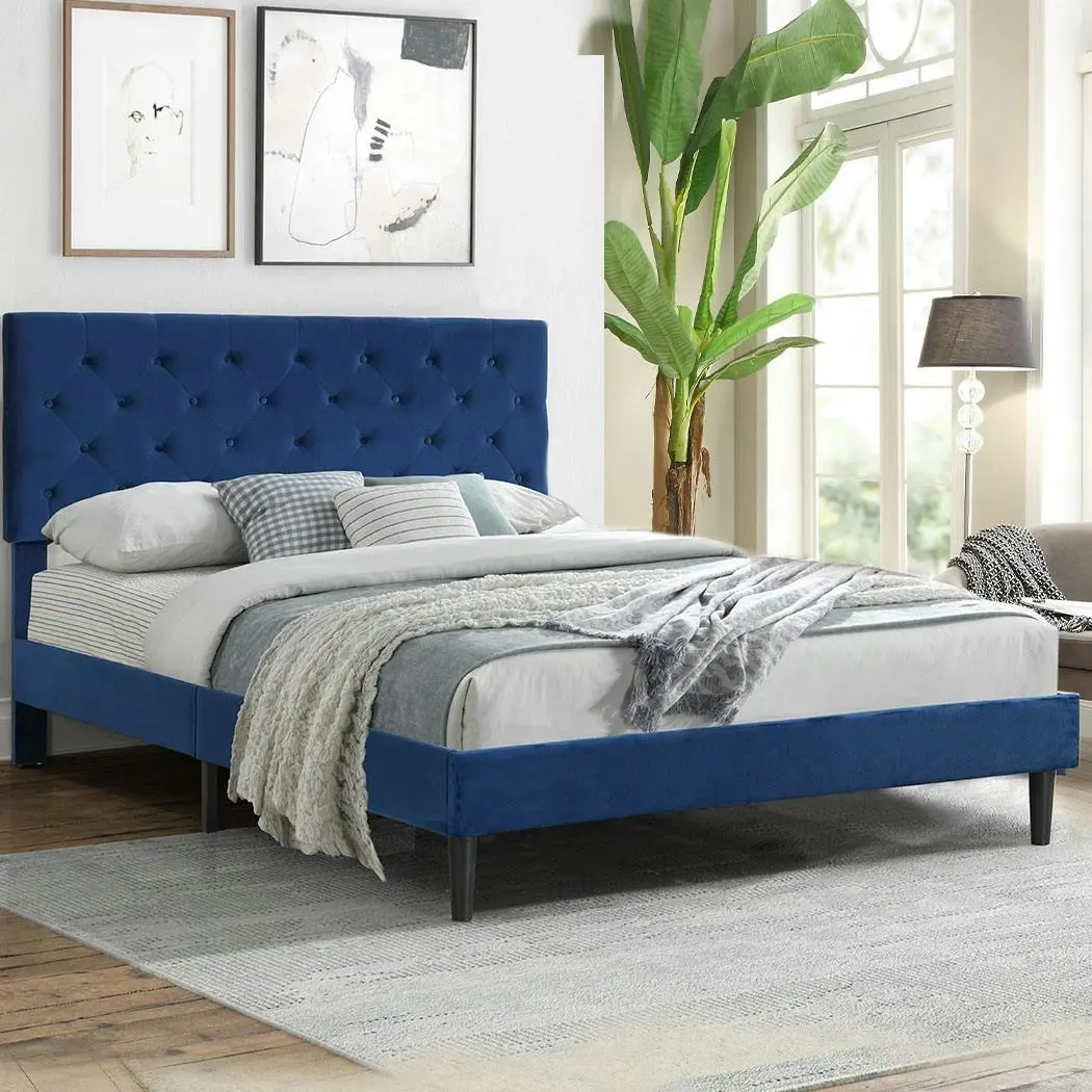 Levede Bed Frame Queen Size Mattress Base Platform Wooden Velvet Headboard Blue - Furniture