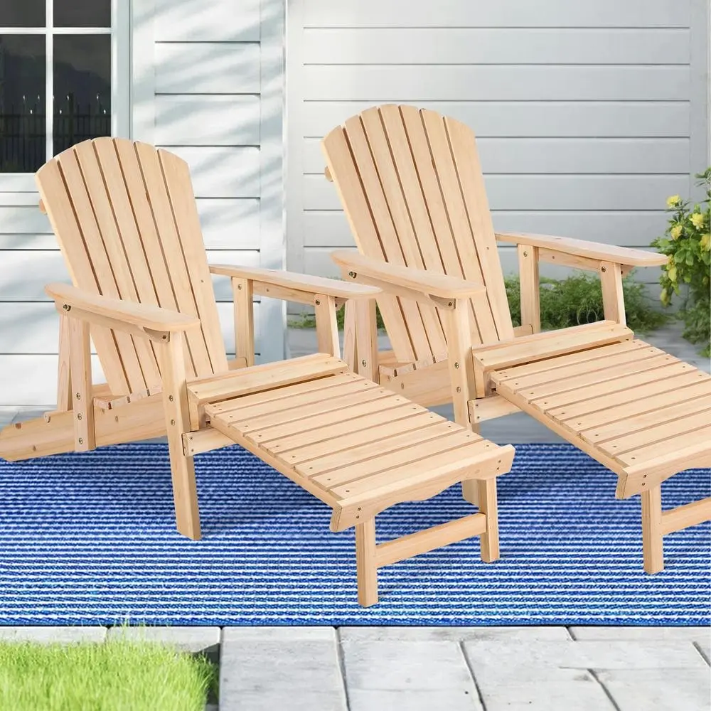 Alfordson 2x Outdoor Chairs Wooden Adirondack w/ Ottoman Patio Beach Garden Wood - Furniture