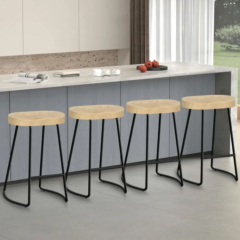 Alfordson 4x Bar Stools 65cm Tractor Kitchen Wooden Vintage Chair Natural - Furniture