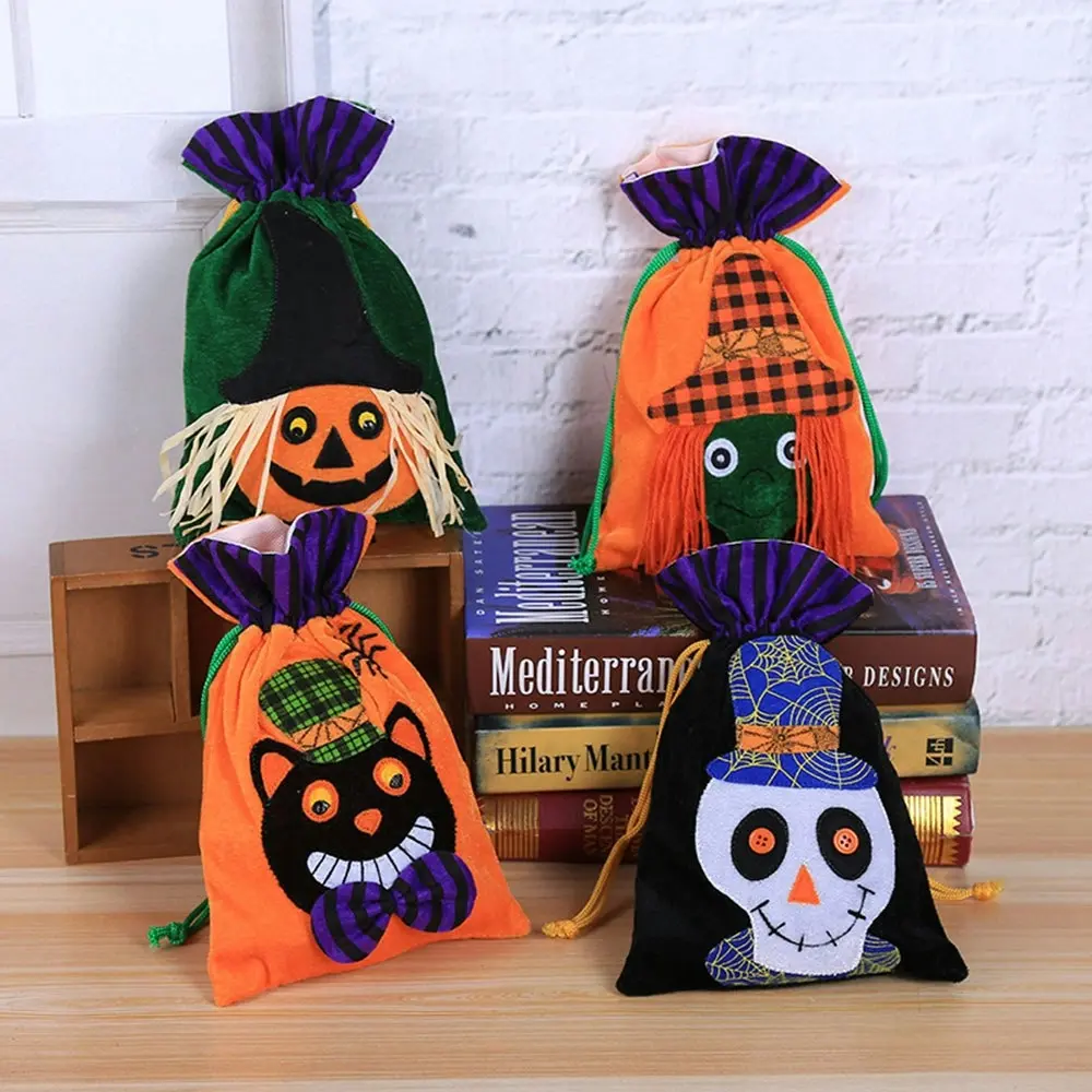 4 Pack Halloween Decor Candy Bag Velvet Gift Bag Pumpkin Witch Black Cat Bag - Home & Garden