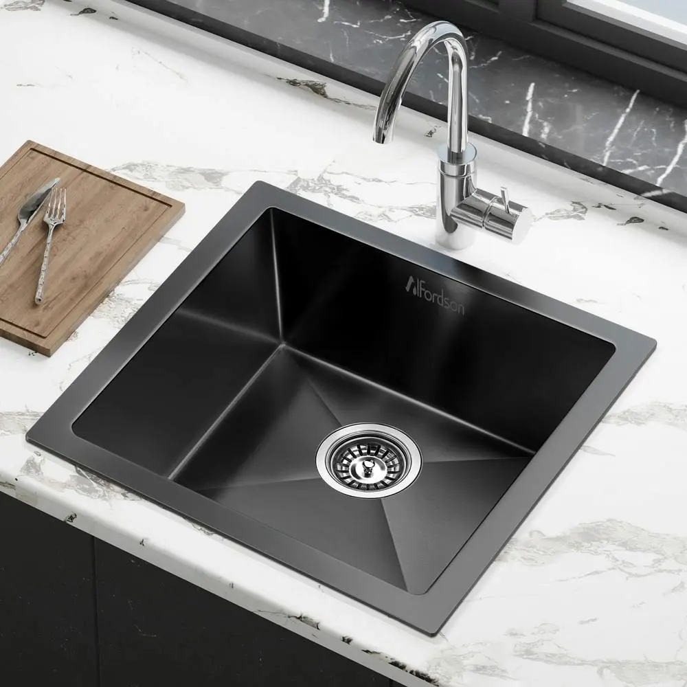 Alfordson Kitchen Sink Stainless Steel Drop in Flush Under Mount 440X440MM Black - Hardware