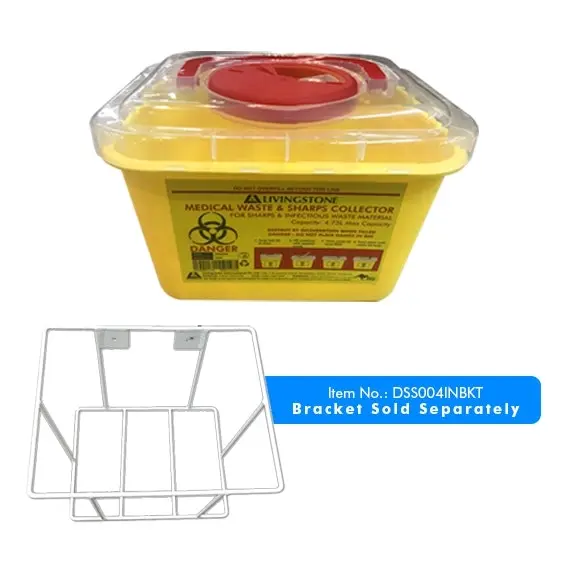 Livingstone Needles Sharps Waste Collector 4.75L Rotating Lid and Finger Guard Clear View Top Square Plastic Yellow - Commercial
