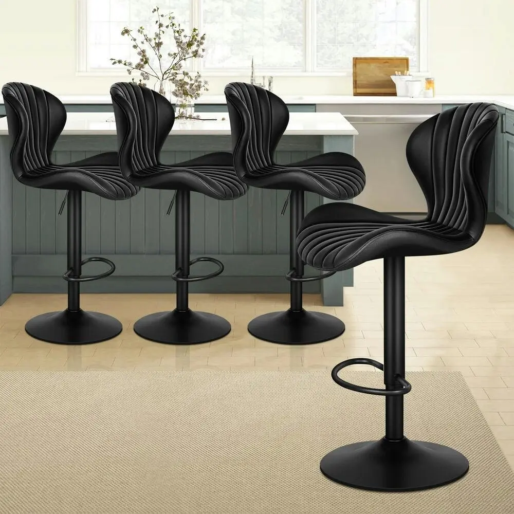 Alfordson 4x Bar Stools Gas Lift Leather Bar Chairs Kitchen Swivel Stella BLACK - Furniture