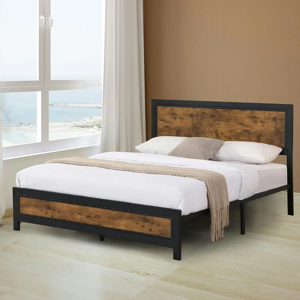Levede Metal Bed Frame Mattress Base Platform Wooden Rivets Drawers Queen - Furniture