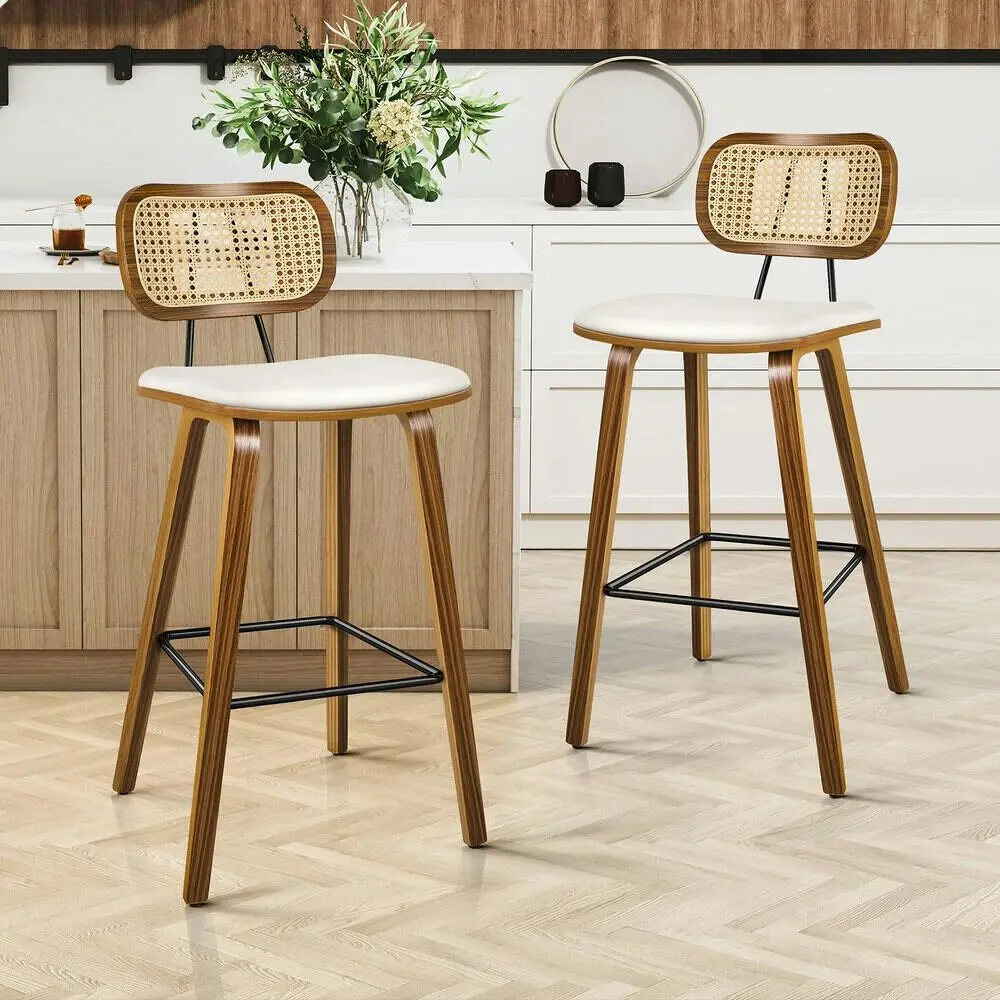 Alfordson 2x Bar Stools Kitchen Vintage Leather Seat Rattan Chair Wooden White - Shop Dining Chairs & Bar Stools