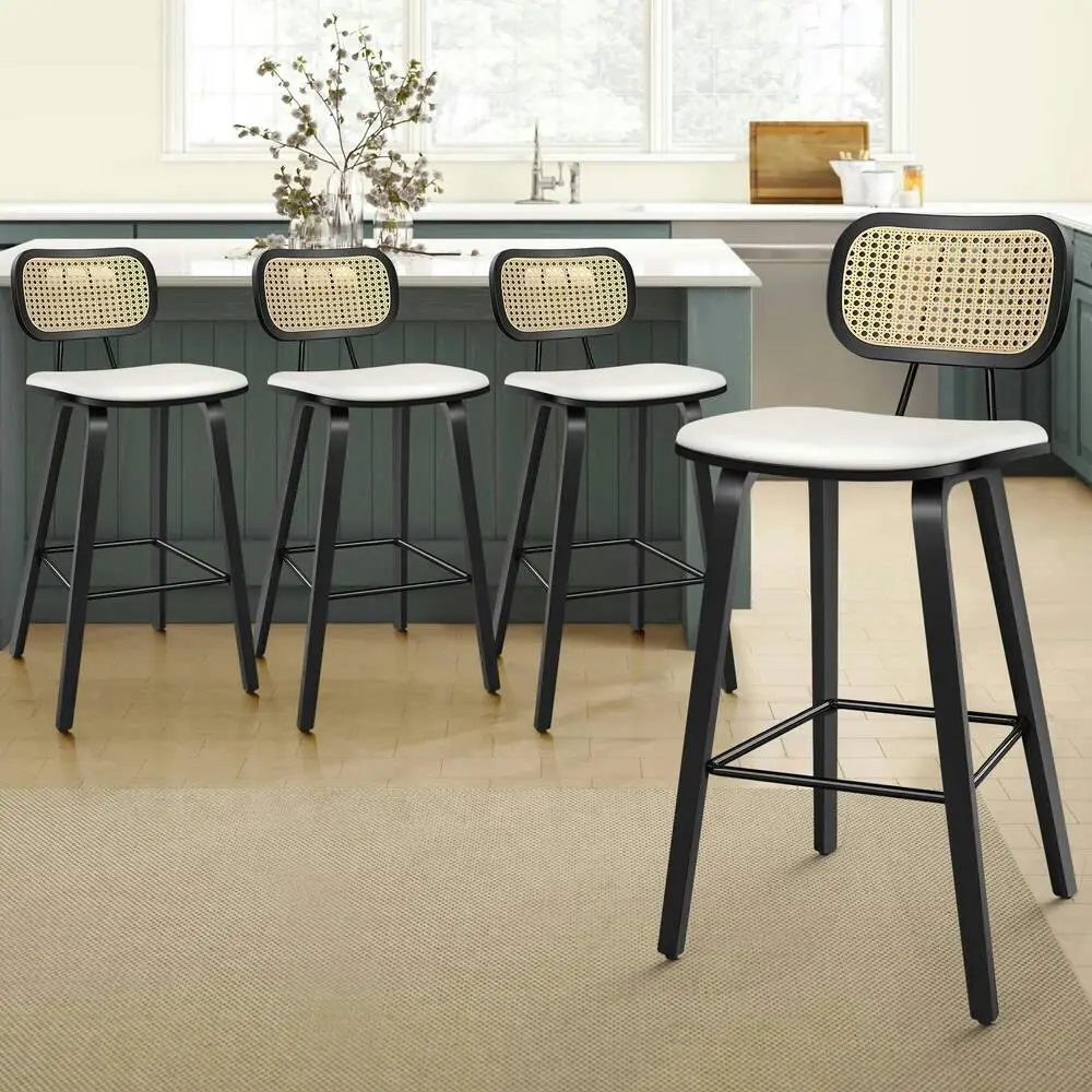 Alfordson 4x Bar Stools Kitchen Vintage Leather Seat Rattan Chair Black White - Furniture