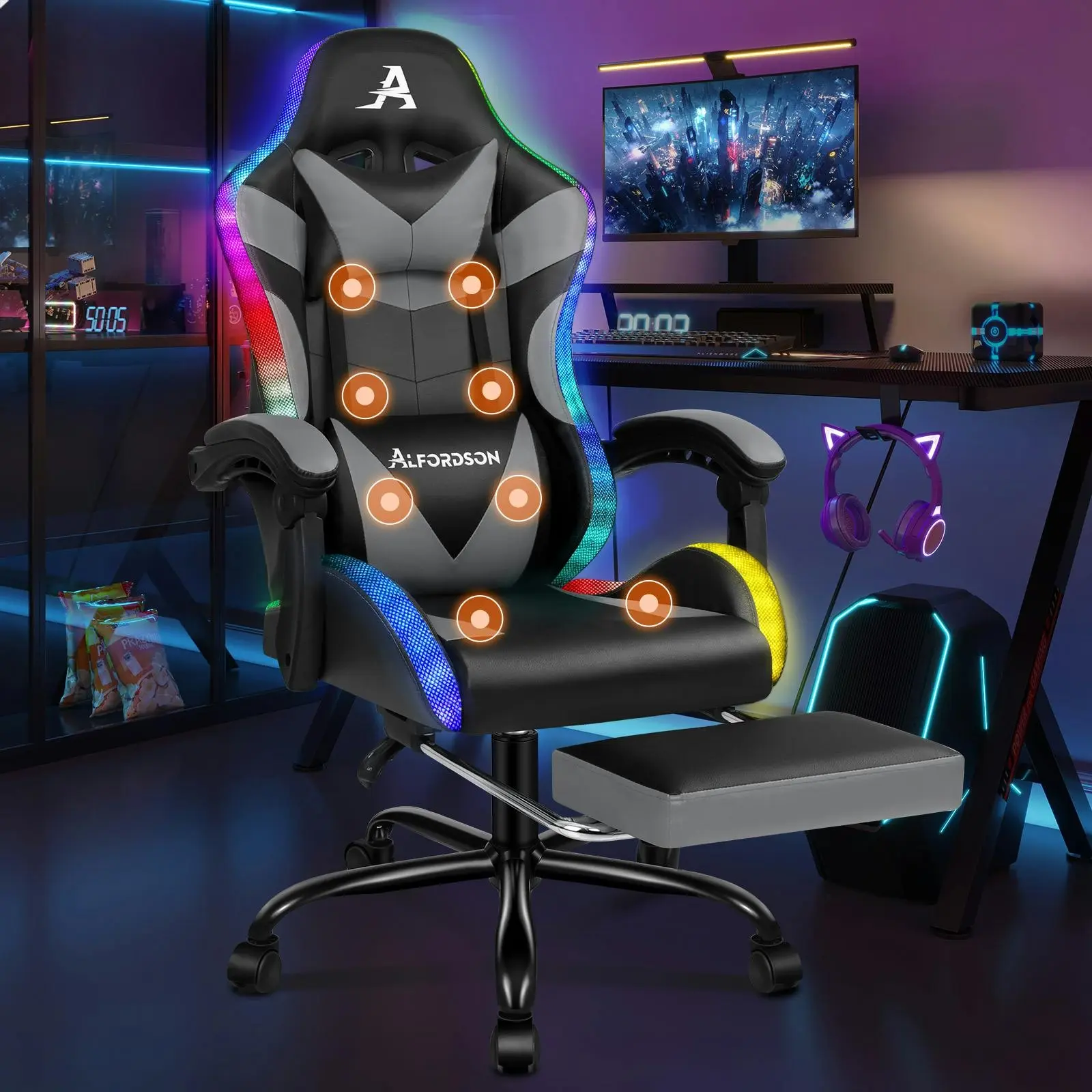Alfordson Gaming Chair Office Massage 12 RGB LED Computer Seat PU Leather Grey - Furniture
