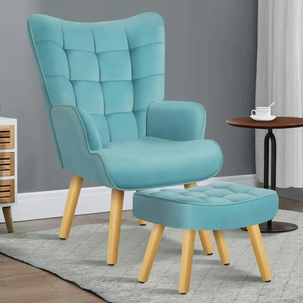 Alfordson Wooden Armchair Accent Chair Ottoman Velvet Blue - Over 40% off Living Room Furniture