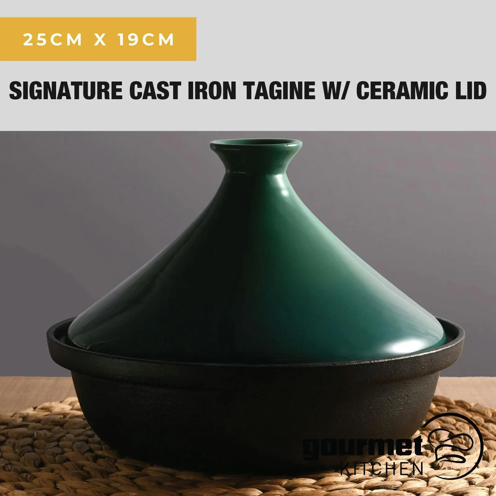 Gourmet Kitchen Signature Cast Iron Tagine with Ceramic Lid Ombre Green D25xH18.5cm - Home & Garden