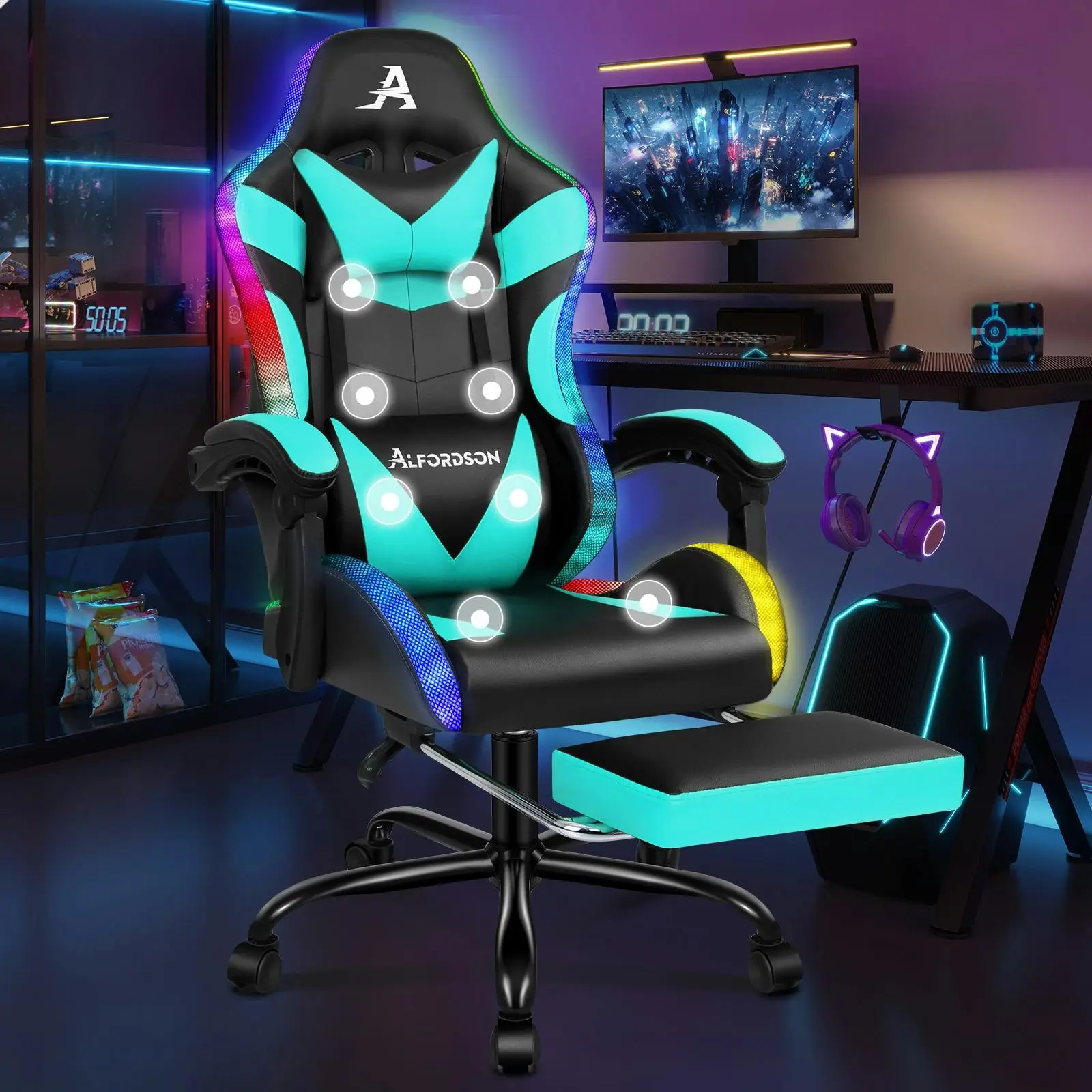 Alfordson Gaming Chair Office Massage 12 RGB LED Computer Seat PU Leather Cyan - Furniture